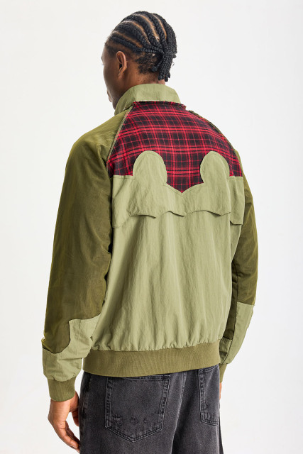 Custom Olive Mixed‑Fabric Patchwork Bomber Jacket | Men Retro Red Plaid Raw‑Edge Splicing Stand Collar Streetwear Jacket