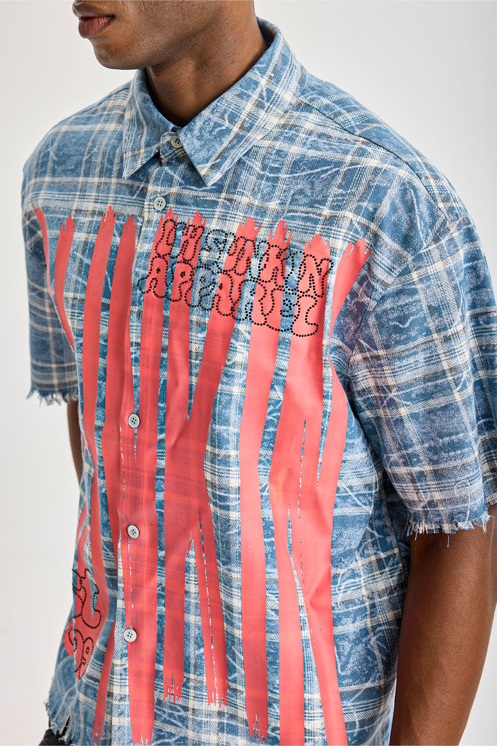 Custom Washed Blue Plaid Short‑Sleeve Shirt | Men Oversized Frayed‑Edge Sunkin Graffiti Print Streetwear Button‑Up Shirt