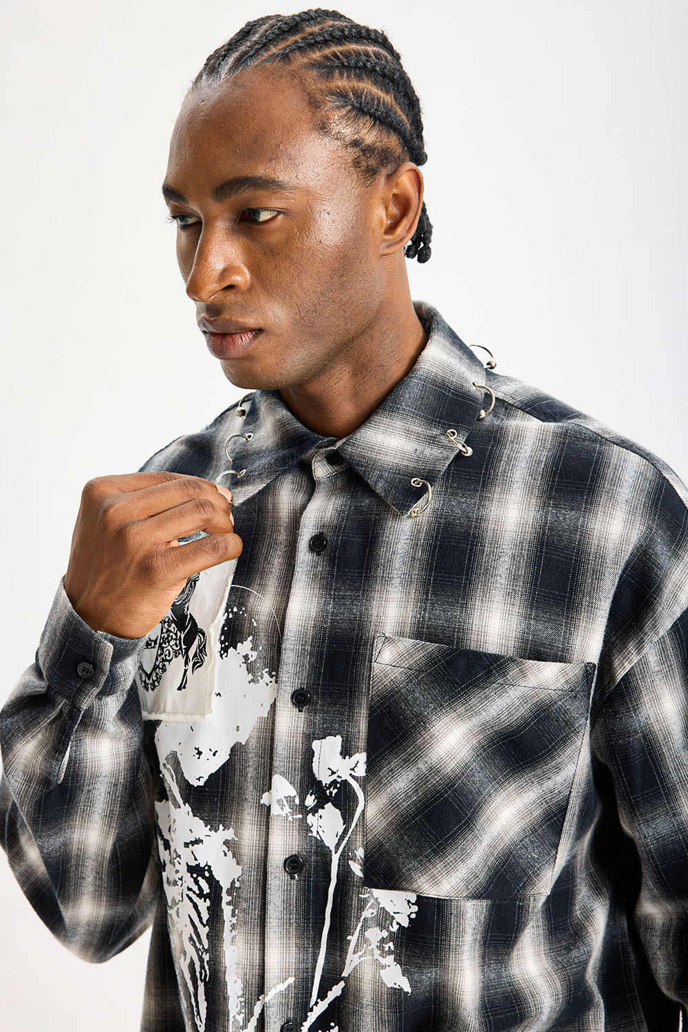 Custom Black‑White Plaid Patchwork Flannel Shirt | Men Oversized Skeleton Graphic Raw‑Edge Patches Metal O‑Ring Streetwear Button‑Up Shirt