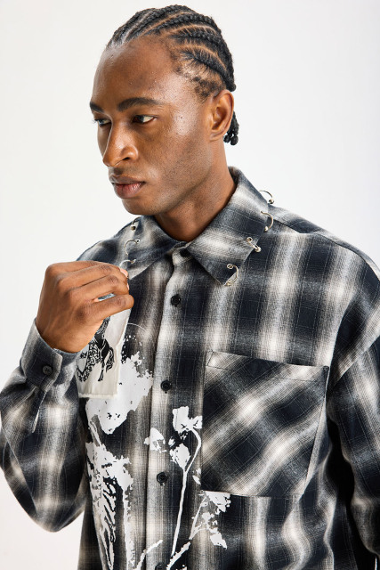 Custom Black‑White Plaid Patchwork Flannel Shirt | Men Oversized Skeleton Graphic Raw‑Edge Patches Metal O‑Ring Streetwear Button‑Up Shirt