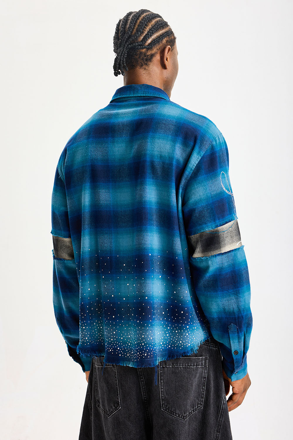 Custom Blue Ombre Plaid Frayed Patchwork Flannel Shirt | Men Oversized Rhinestone Script Print Streetwear Long‑Sleeve Button‑Up Shirt