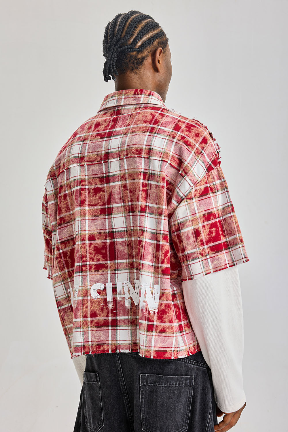 Custom Red Floral‑Plaid Fake Two‑Piece Short‑Sleeve Shirt | Men Oversized Frayed Raw‑Edge Layered Streetwear Button‑Up Shirt