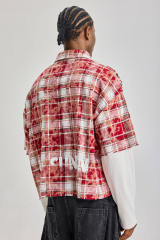 Custom Red Floral‑Plaid Fake Two‑Piece Short‑Sleeve Shirt | Men Oversized Frayed Raw‑Edge Layered Streetwear Button‑Up Shirt