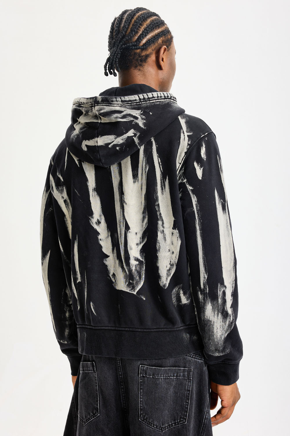 Custom Black Brush‑Stroke Print Full‑Zip Hoodie | Men Oversized Vintage Washed Abstract Graphic Zip‑Up Streetwear Hooded Sweatshirt