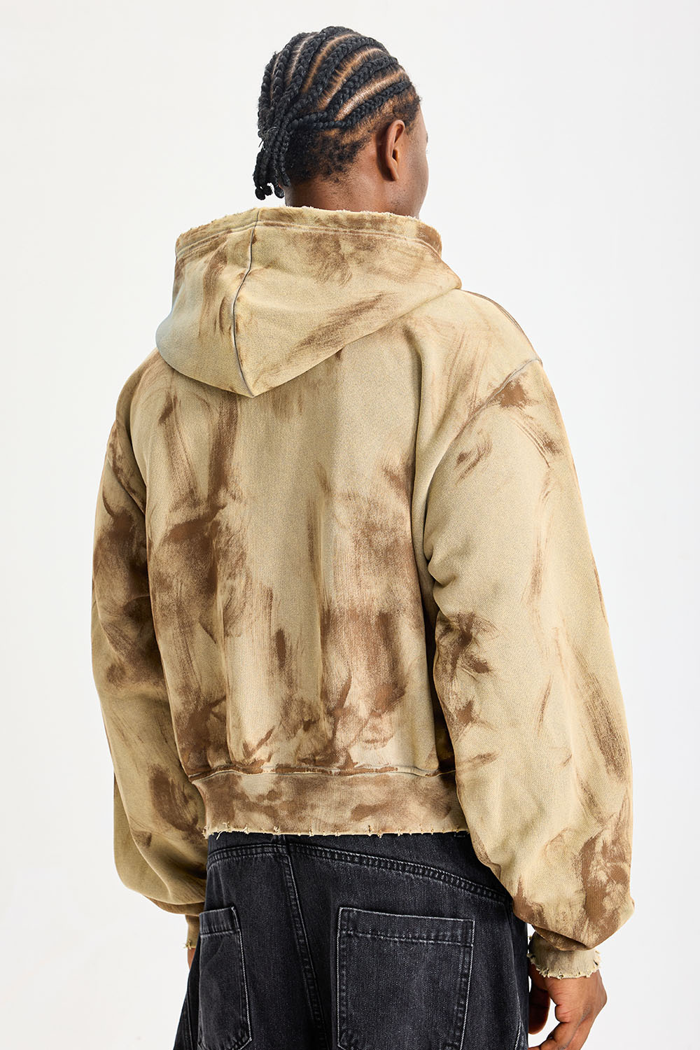 Custom Earth‑Tone Tie‑Dye Cropped Zip‑Up Hoodie | Men Oversized Raw‑Edge Frayed Vintage Washed Streetwear Full‑Zip Hooded Sweatshirt