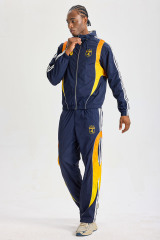Custom Navy Blue Soccer‑Style Color‑Block Hooded Tracksuit 2‑Piece Set | Men Crinkle Nylon Zip‑Up Windbreaker & Wide‑Leg Pants Retro Football Streetwear Sweatsuit