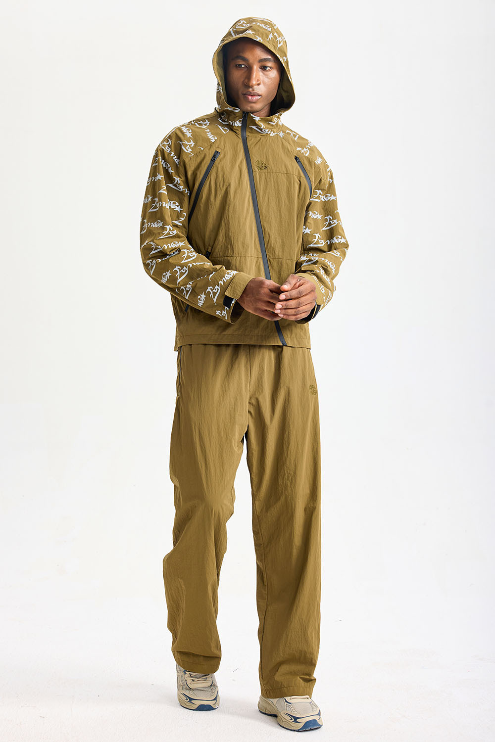Custom Mustard‑Brown Diagonal‑Zip All‑Over Print Hooded Tracksuit 2‑Piece Set | Men Crinkle Nylon Windbreaker & Wide‑Leg Pants Tech Streetwear Sweatsuit