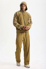 Custom Mustard‑Brown Diagonal‑Zip All‑Over Print Hooded Tracksuit 2‑Piece Set | Men Crinkle Nylon Windbreaker & Wide‑Leg Pants Tech Streetwear Sweatsuit