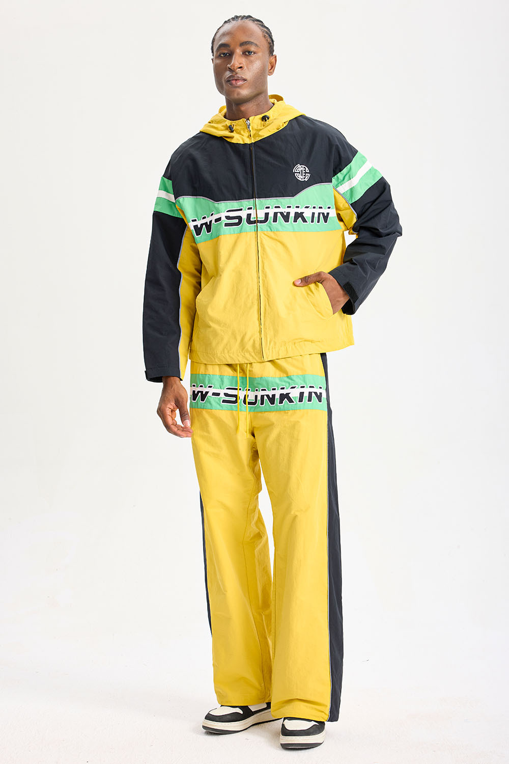 Custom Color‑Block Hooded Tracksuit 2‑Piece Set | Men Crinkle Nylon Full‑Zip Windbreaker & Wide‑Leg Pants Retro 90s Street Sport Sweatsuit