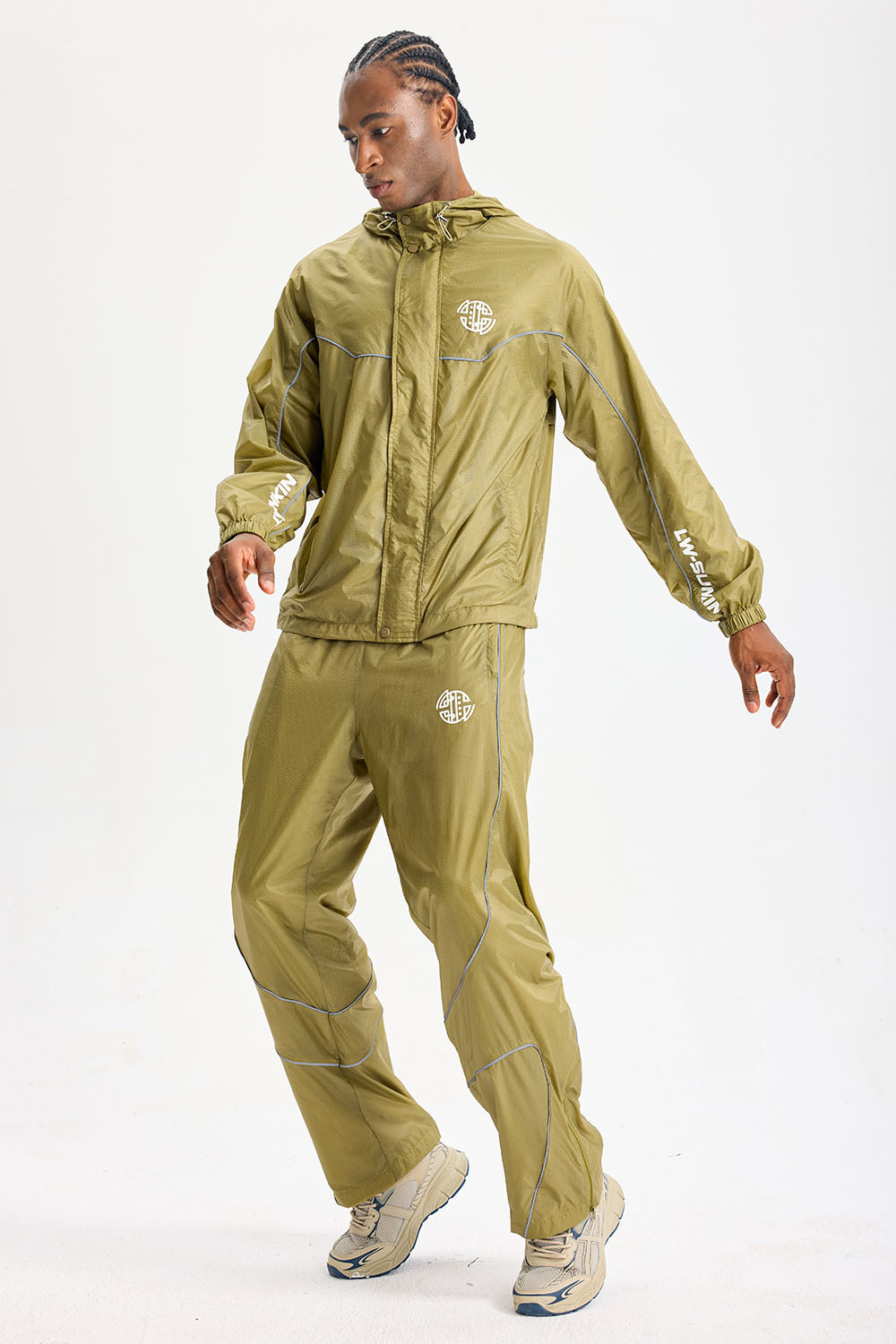 Custom Olive Ripstop Hooded Tracksuit 2‑Piece Set | Men Lightweight Windbreaker & Wide‑Leg Pants With Reflective Piping Vertical Sleeve Letter Tech Street Sport Sweatsuit