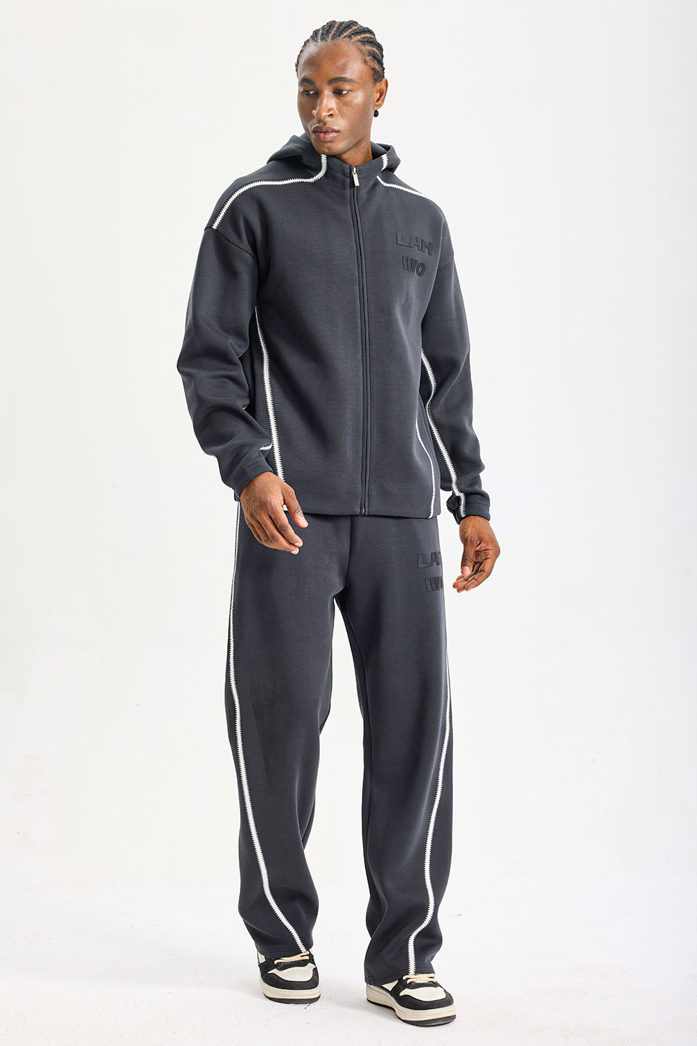 Custom Dark Grey Zip‑Up Hooded Sweat Suit 2‑Piece Set | Men French Terry Tracksuit With White Wavy Contrast Stitching Embossed Logo Streetwear Outfit