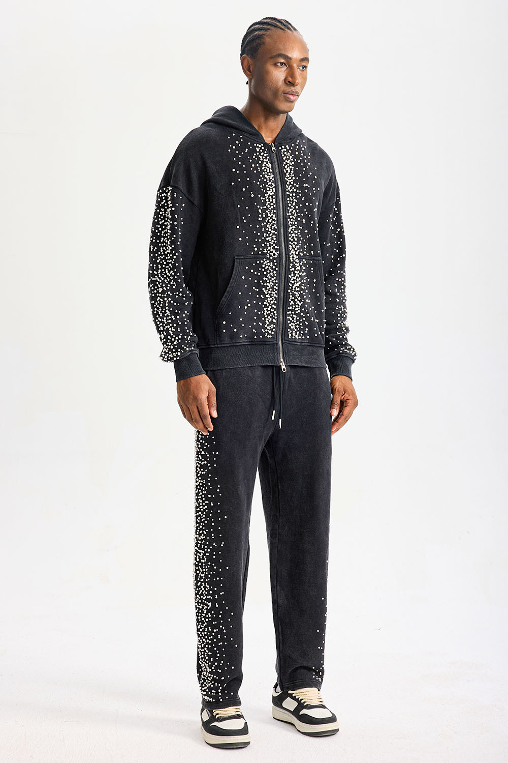 Custom Washed Black Rhinestone Zip‑Up Hoodie Tracksuit 2‑Piece Set | Men Heavyweight French Terry Streetwear Sweatsuit With Scattered Hot‑Fix Rhinestone Details