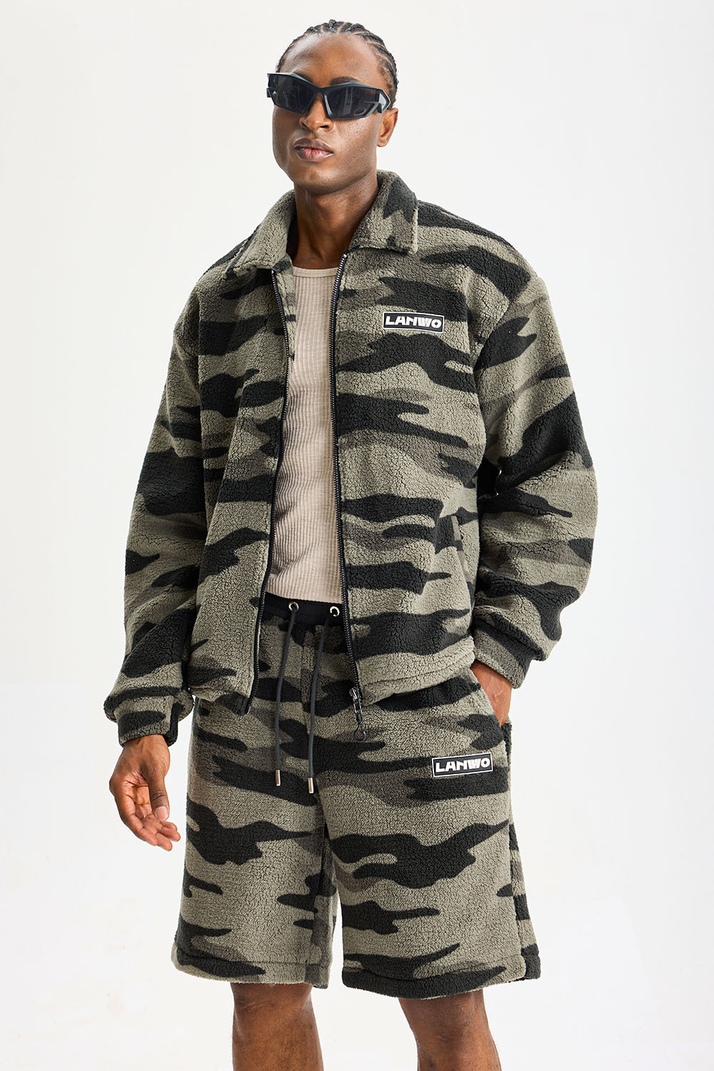 Custom Camo Sherpa Fleece 2‑Piece Short Set | Men Oversized Collared Full Zip Jacket & Camouflage Shorts Streetwear Outfit