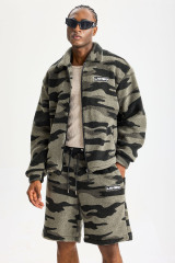 Custom Camo Sherpa Fleece 2‑Piece Short Set | Men Oversized Collared Full Zip Jacket & Camouflage Shorts Streetwear Outfit