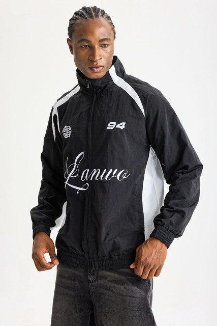 Custom Retro 90s Color‑Block Nylon Track Jacket | Men Oversized Stand Collar Windbreaker With Script Logo & Number 94 Print Streetwear