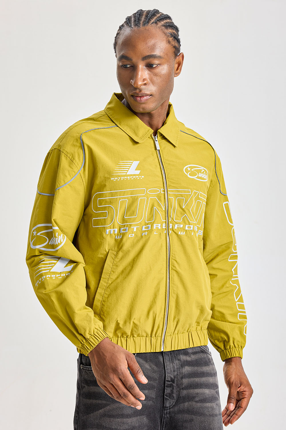Custom Mustard Yellow Retro Motorsport Coach Jacket | Men Cropped Nylon Windbreaker With Reflective Piping & Sunkin Racing Graphic Prints Streetwear