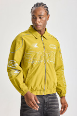Custom Mustard Yellow Retro Motorsport Coach Jacket | Men Cropped Nylon Windbreaker With Reflective Piping & Sunkin Racing Graphic Prints Streetwear
