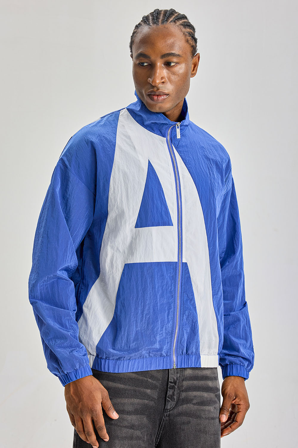 Custom Blue‑White Big Graphic Color‑Block Nylon Track Jacket | Men Retro Full‑Zip Stand Collar Crinkle Nylon Windbreaker Streetwear