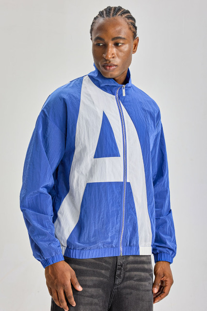 Custom Blue‑White Big Graphic Color‑Block Nylon Track Jacket | Men Retro Full‑Zip Stand Collar Crinkle Nylon Windbreaker Streetwear