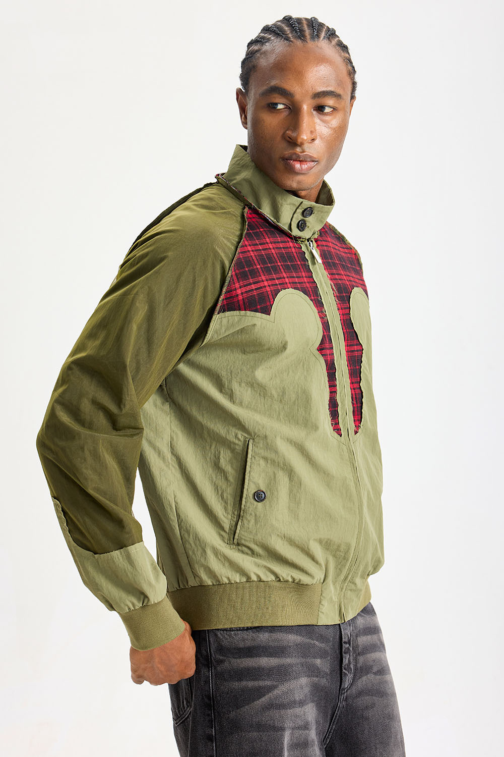 Custom Olive Mixed‑Fabric Patchwork Bomber Jacket | Men Retro Red Plaid Raw‑Edge Splicing Stand Collar Streetwear Jacket