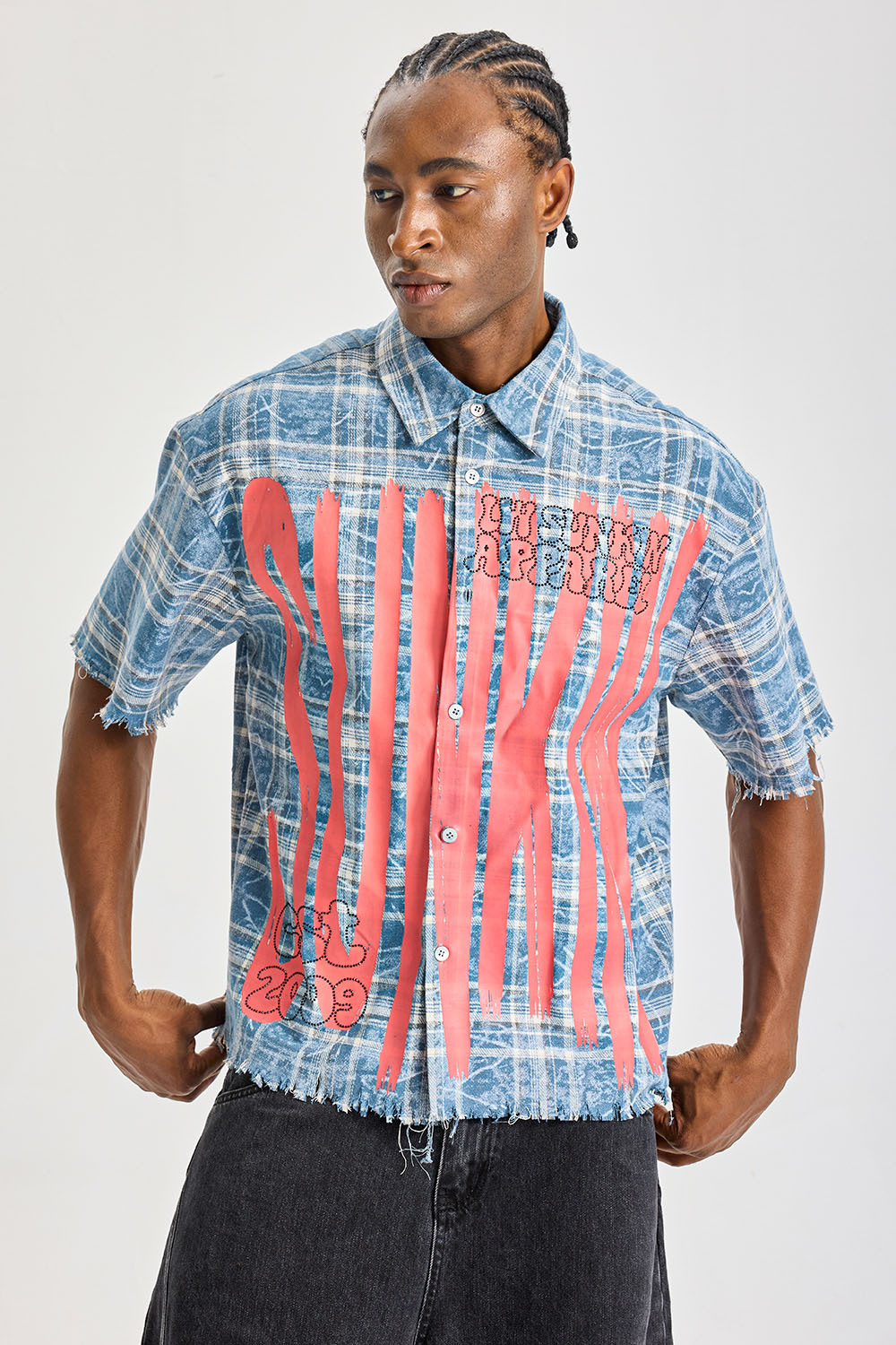 Custom Washed Blue Plaid Short‑Sleeve Shirt | Men Oversized Frayed‑Edge Sunkin Graffiti Print Streetwear Button‑Up Shirt
