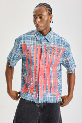 Custom Washed Blue Plaid Short‑Sleeve Shirt | Men Oversized Frayed‑Edge Sunkin Graffiti Print Streetwear Button‑Up Shirt