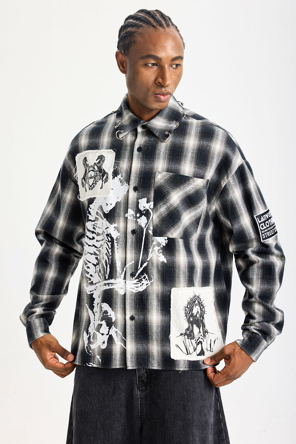 Custom Black‑White Plaid Patchwork Flannel Shirt | Men Oversized Skeleton Graphic Raw‑Edge Patches Metal O‑Ring Streetwear Button‑Up Shirt