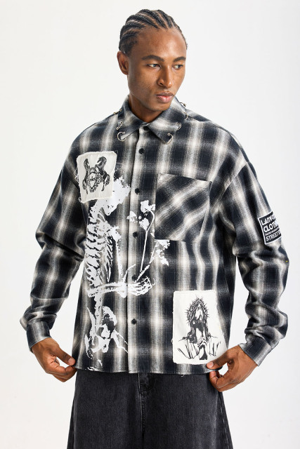 Custom Black‑White Plaid Patchwork Flannel Shirt | Men Oversized Skeleton Graphic Raw‑Edge Patches Metal O‑Ring Streetwear Button‑Up Shirt