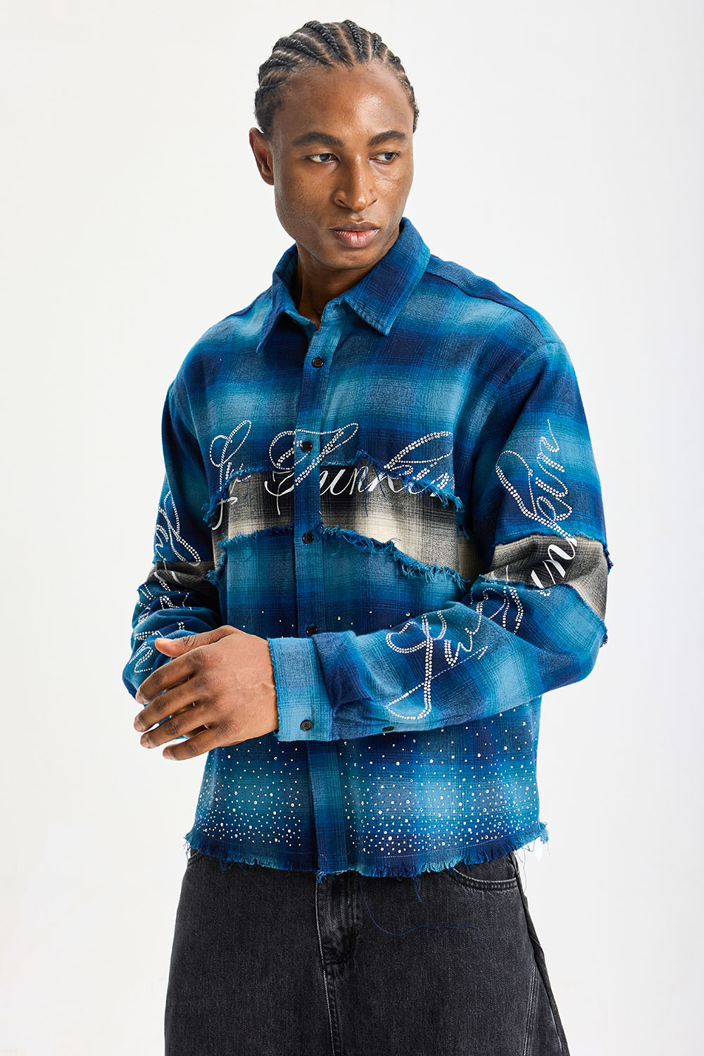 Custom Blue Ombre Plaid Frayed Patchwork Flannel Shirt | Men Oversized Rhinestone Script Print Streetwear Long‑Sleeve Button‑Up Shirt