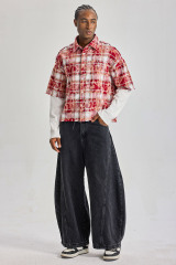 Custom Red Floral‑Plaid Fake Two‑Piece Short‑Sleeve Shirt | Men Oversized Frayed Raw‑Edge Layered Streetwear Button‑Up Shirt