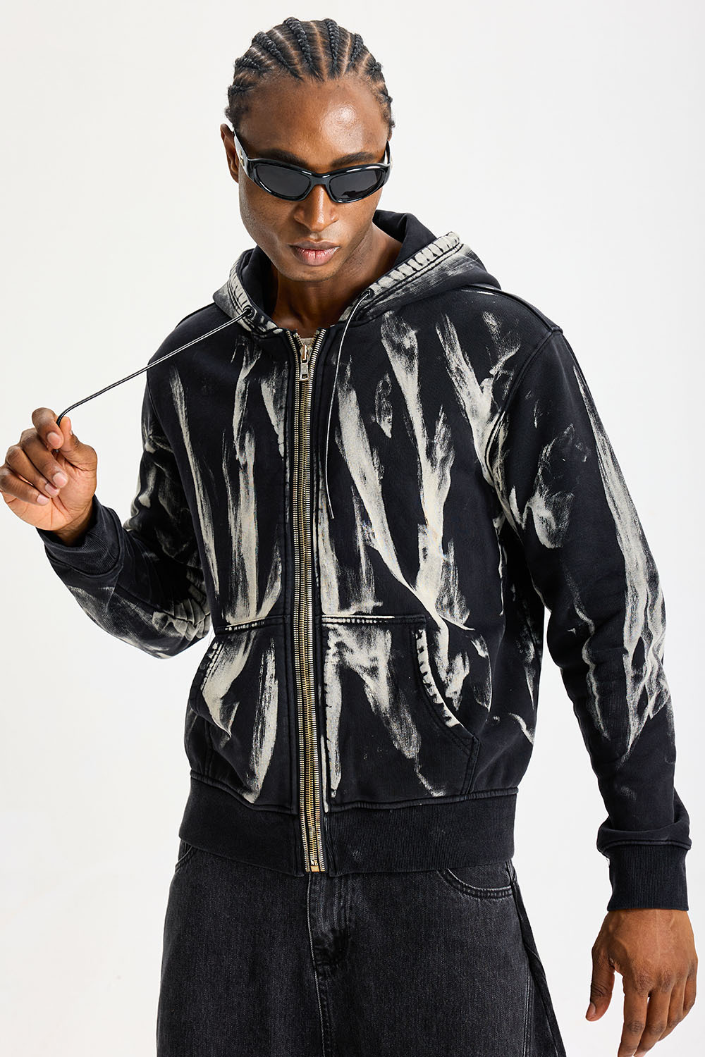 Custom Black Brush‑Stroke Print Full‑Zip Hoodie | Men Oversized Vintage Washed Abstract Graphic Zip‑Up Streetwear Hooded Sweatshirt