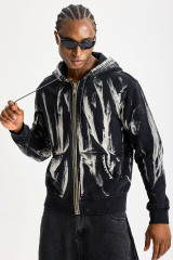 Custom Black Brush‑Stroke Print Full‑Zip Hoodie | Men Oversized Vintage Washed Abstract Graphic Zip‑Up Streetwear Hooded Sweatshirt