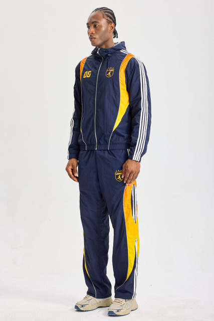 Custom Navy Blue Soccer‑Style Color‑Block Hooded Tracksuit 2‑Piece Set | Men Crinkle Nylon Zip‑Up Windbreaker & Wide‑Leg Pants Retro Football Streetwear Sweatsuit