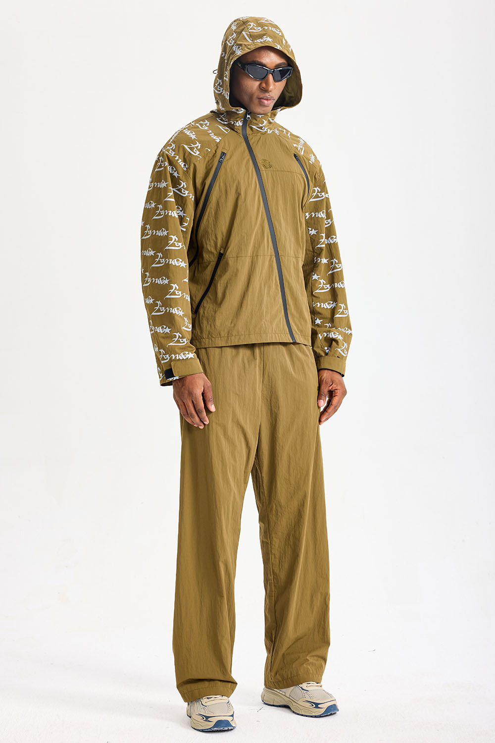 Custom Mustard‑Brown Diagonal‑Zip All‑Over Print Hooded Tracksuit 2‑Piece Set | Men Crinkle Nylon Windbreaker & Wide‑Leg Pants Tech Streetwear Sweatsuit
