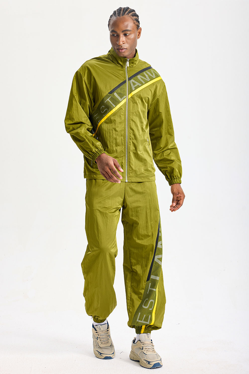 Custom Olive‑Green Stand‑Collar Diagonal Mesh Logo Tape Tracksuit 2‑Piece Set | Men Crinkle Nylon Windbreaker & Jogger Pants Retro Street Sport Sweatsuit