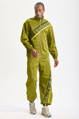 Custom Olive‑Green Stand‑Collar Diagonal Mesh Logo Tape Tracksuit 2‑Piece Set | Men Crinkle Nylon Windbreaker & Jogger Pants Retro Street Sport Sweatsuit