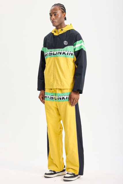 Custom Color‑Block Hooded Tracksuit 2‑Piece Set | Men Crinkle Nylon Full‑Zip Windbreaker & Wide‑Leg Pants Retro 90s Street Sport Sweatsuit