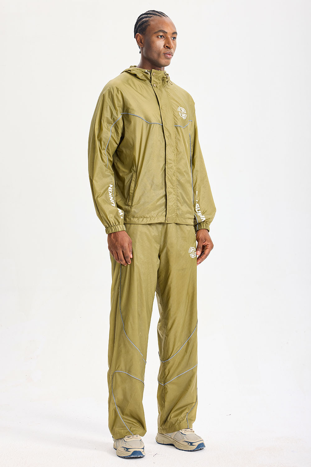 Custom Olive Ripstop Hooded Tracksuit 2‑Piece Set | Men Lightweight Windbreaker & Wide‑Leg Pants With Reflective Piping Vertical Sleeve Letter Tech Street Sport Sweatsuit
