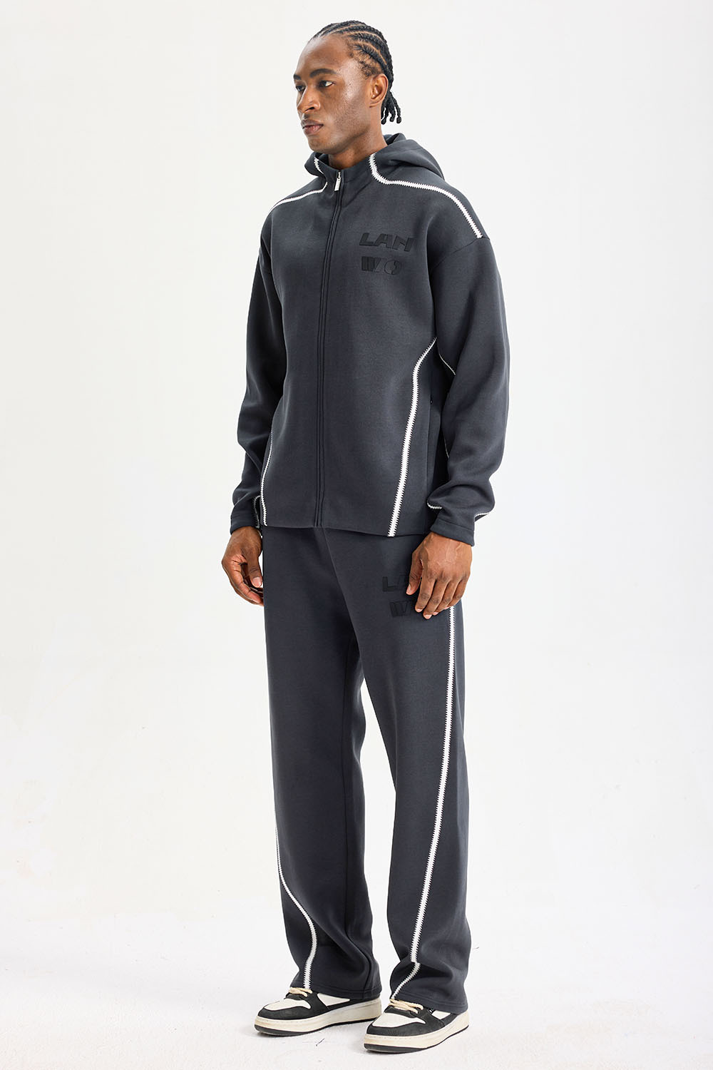 Custom Dark Grey Zip‑Up Hooded Sweat Suit 2‑Piece Set | Men French Terry Tracksuit With White Wavy Contrast Stitching Embossed Logo Streetwear Outfit