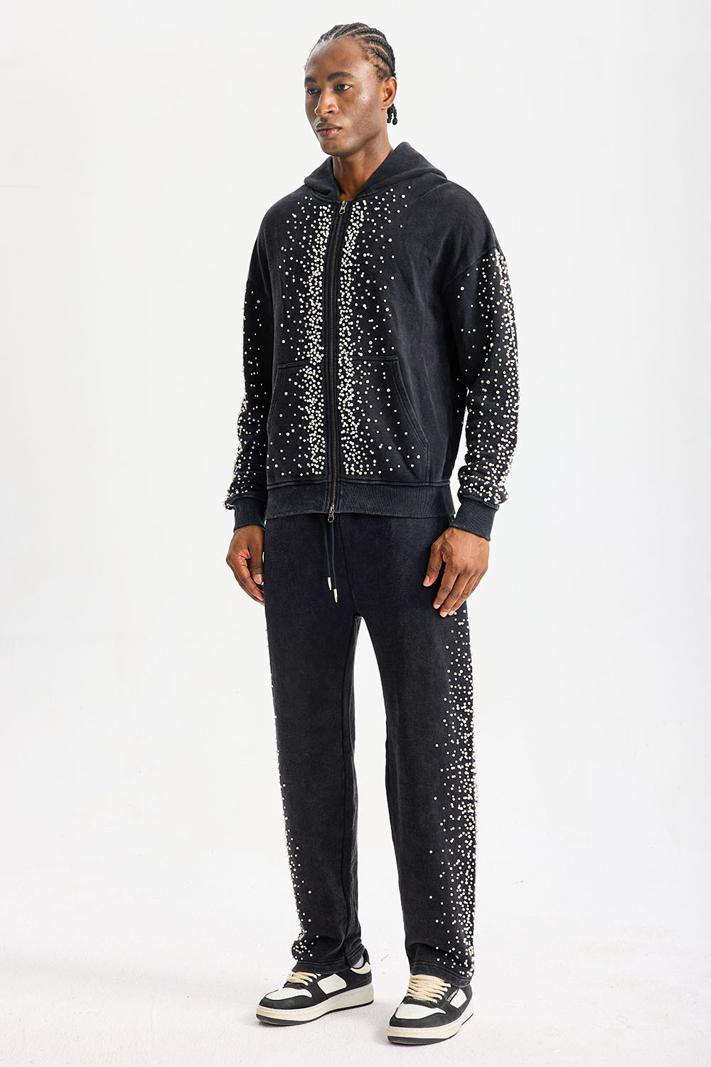 Custom Washed Black Rhinestone Zip‑Up Hoodie Tracksuit 2‑Piece Set | Men Heavyweight French Terry Streetwear Sweatsuit With Scattered Hot‑Fix Rhinestone Details