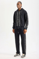 Custom Washed Black Rhinestone Zip‑Up Hoodie Tracksuit 2‑Piece Set | Men Heavyweight French Terry Streetwear Sweatsuit With Scattered Hot‑Fix Rhinestone Details