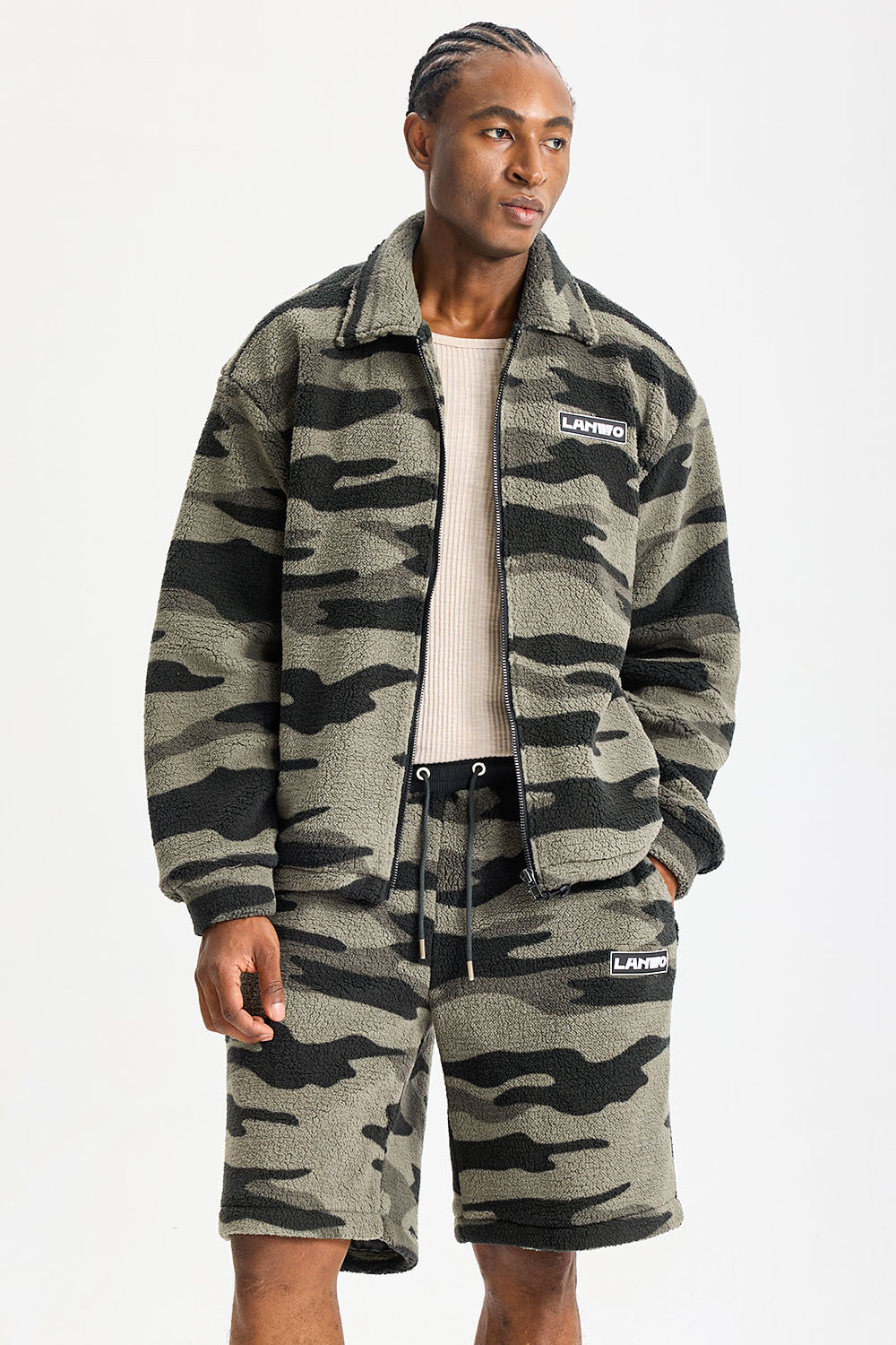 Custom Camo Sherpa Fleece 2‑Piece Short Set | Men Oversized Collared Full Zip Jacket & Camouflage Shorts Streetwear Outfit