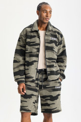 Custom Camo Sherpa Fleece 2‑Piece Short Set | Men Oversized Collared Full Zip Jacket & Camouflage Shorts Streetwear Outfit