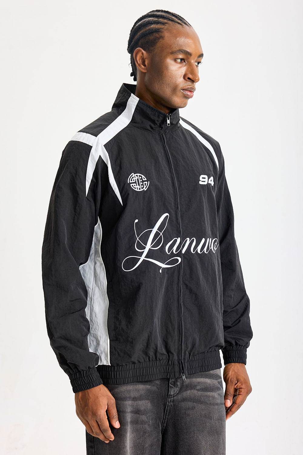 Custom Retro 90s Color‑Block Nylon Track Jacket | Men Oversized Stand Collar Windbreaker With Script Logo & Number 94 Print Streetwear