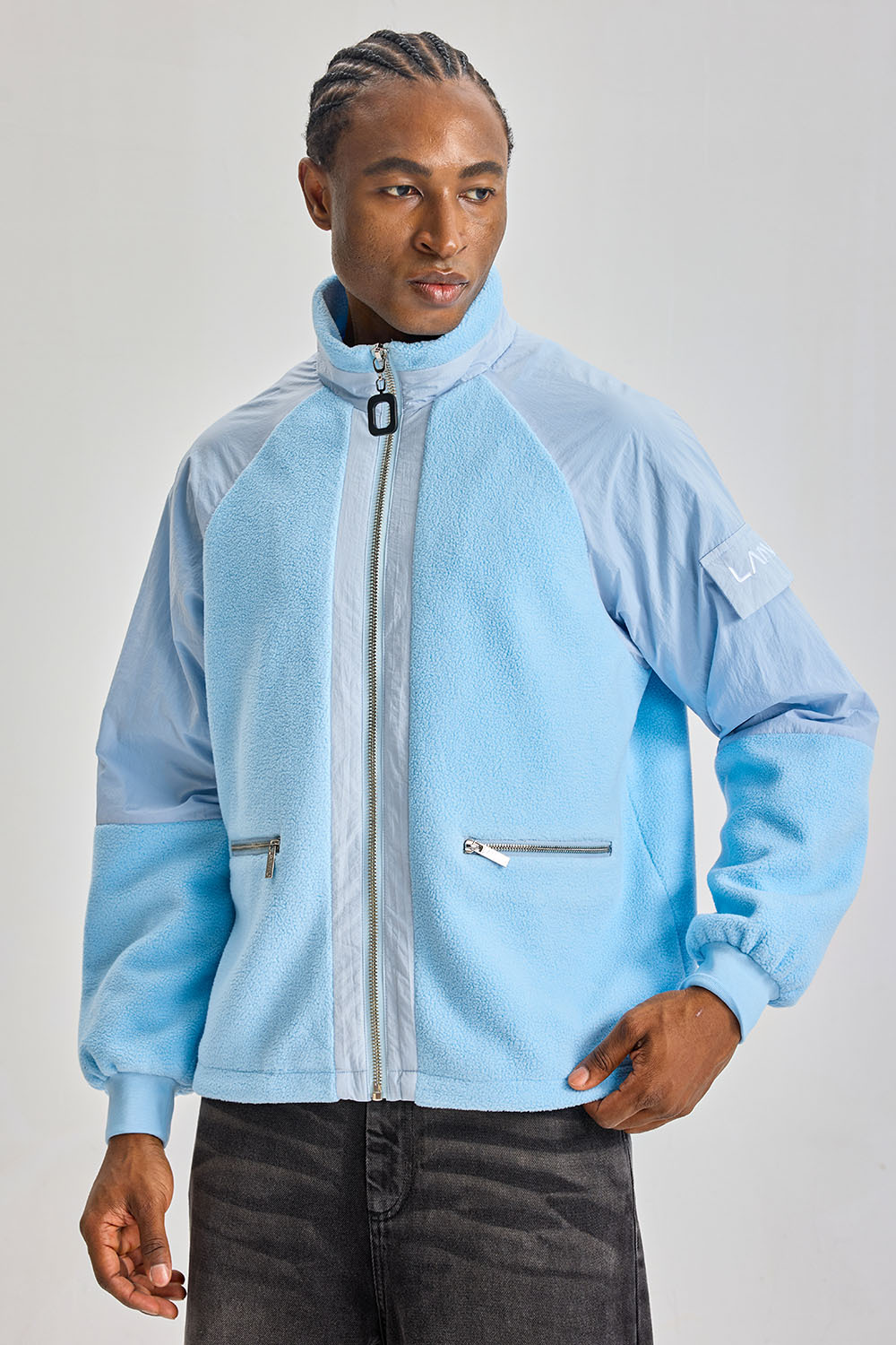 Custom Baby Blue Hybrid Fleece Nylon Raglan Jacket | Men Stand‑Collared Mixed Fabric Zip‑Up Streetwear Jacket With Zipper Pockets