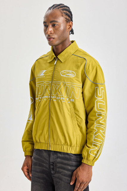 Custom Mustard Yellow Retro Motorsport Coach Jacket | Men Cropped Nylon Windbreaker With Reflective Piping & Sunkin Racing Graphic Prints Streetwear