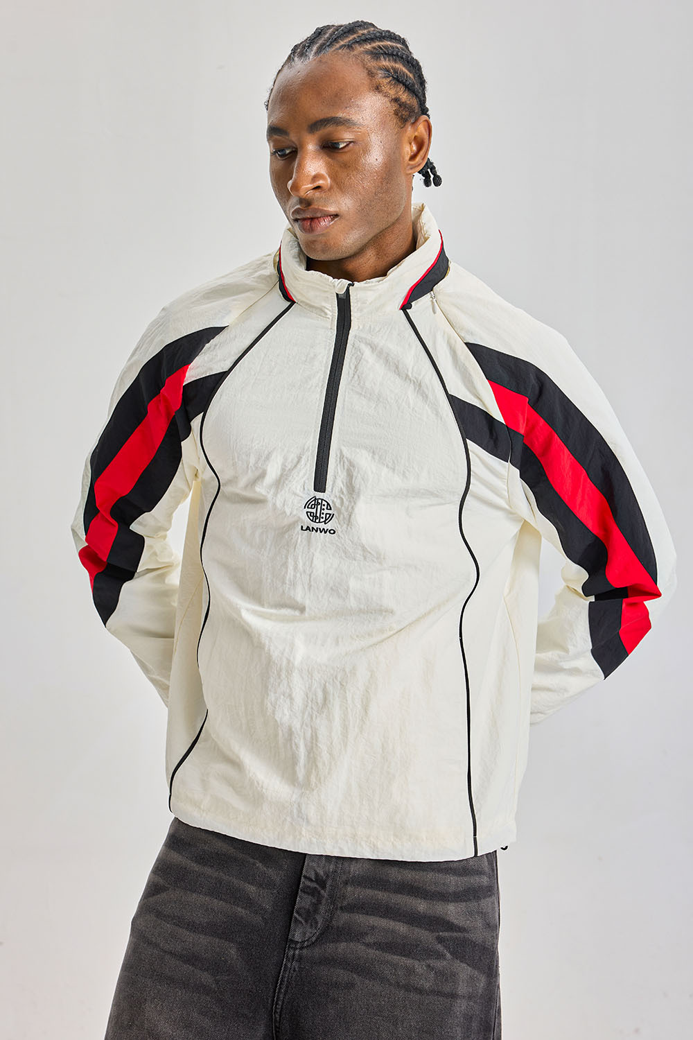 Custom 1/4 Zip Color‑Block Nylon Anorak Jacket | Men Retro Raglan Windbreaker With Red‑Black Panel & Lanwo Monogram Print Streetwear