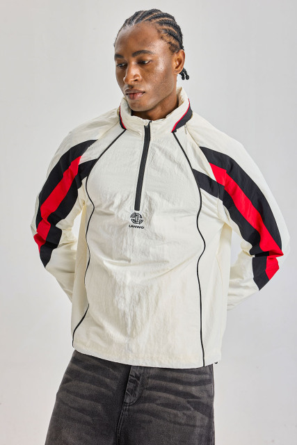 Custom 1/4 Zip Color‑Block Nylon Anorak Jacket | Men Retro Raglan Windbreaker With Red‑Black Panel & Lanwo Monogram Print Streetwear