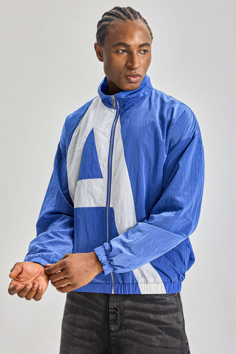 Custom Blue‑White Big Graphic Color‑Block Nylon Track Jacket | Men Retro Full‑Zip Stand Collar Crinkle Nylon Windbreaker Streetwear