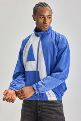 Custom Blue‑White Big Graphic Color‑Block Nylon Track Jacket | Men Retro Full‑Zip Stand Collar Crinkle Nylon Windbreaker Streetwear